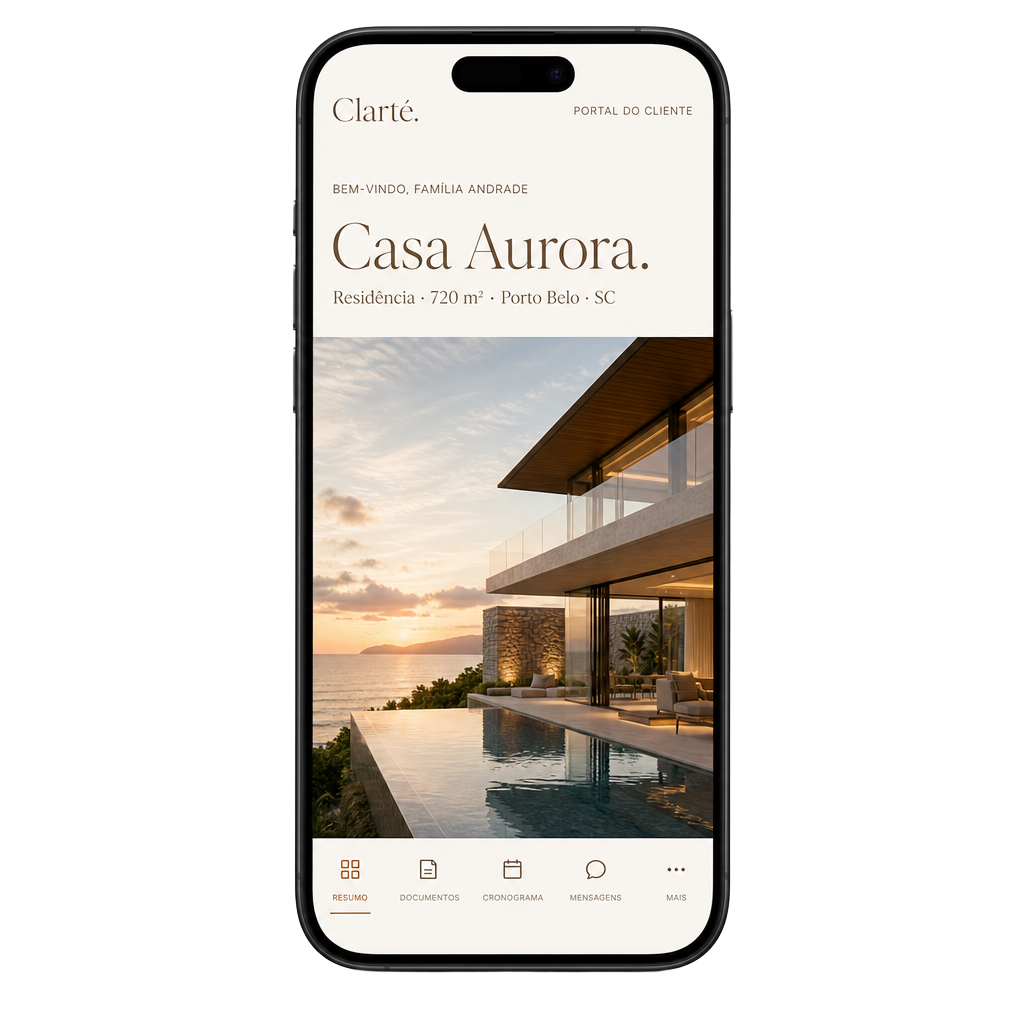 Aplicativo Clarté aberto em um iPhone mostrando o portal do cliente do projeto Casa Aurora