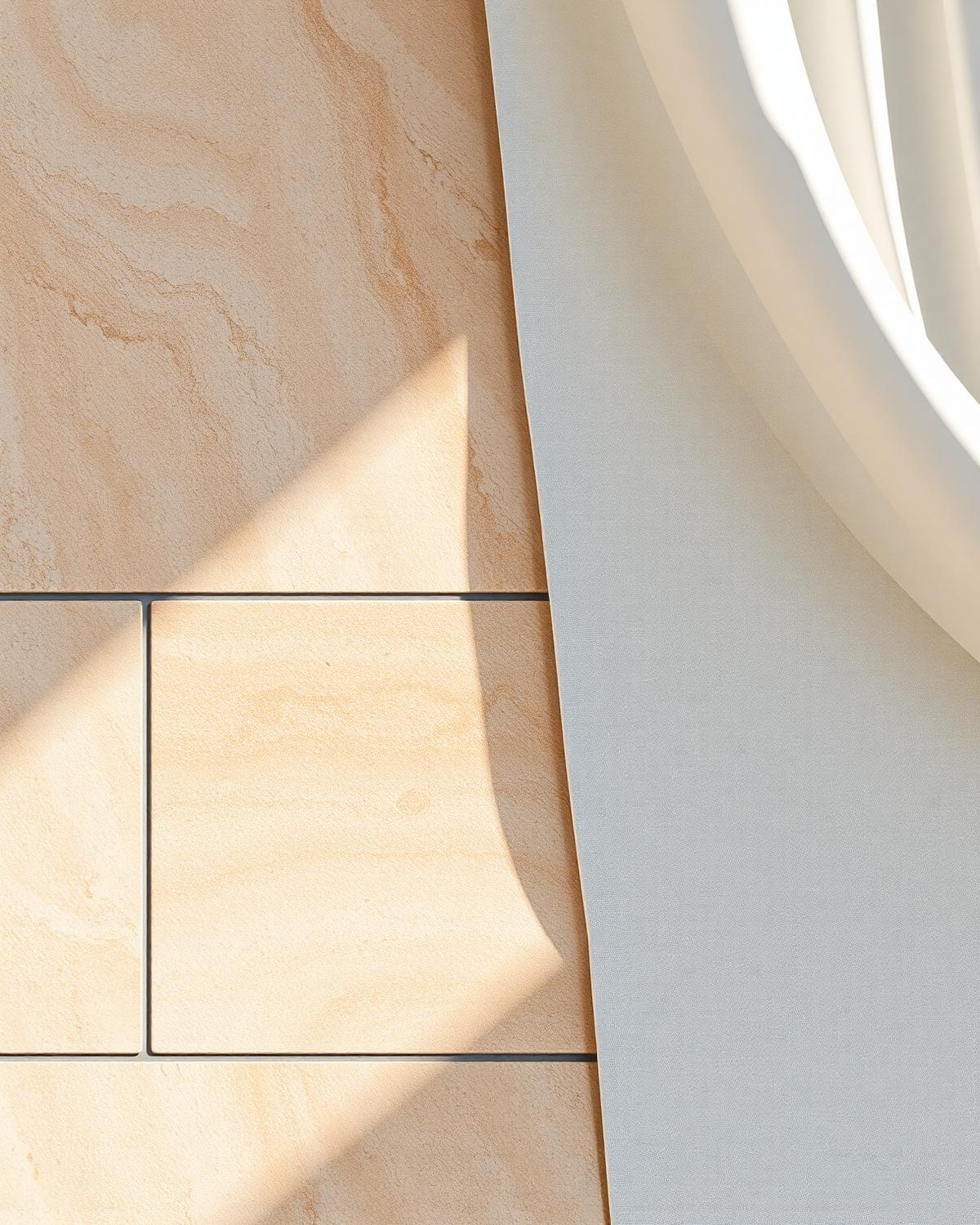 Detalhe de travertino e linho em projeto Clarté